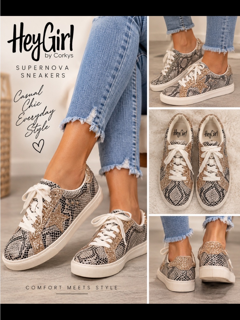 Hey Girl Supernova Snakeskin Sneakers - Gold & Black